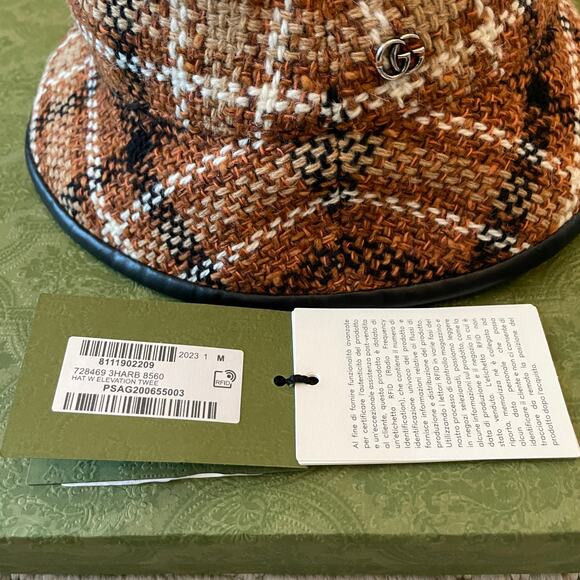 GUCCI GG Elevation Tweed Tartan Bucket Hat Cap 728469 Brown Size Medium NEW - Picture 7 of 16